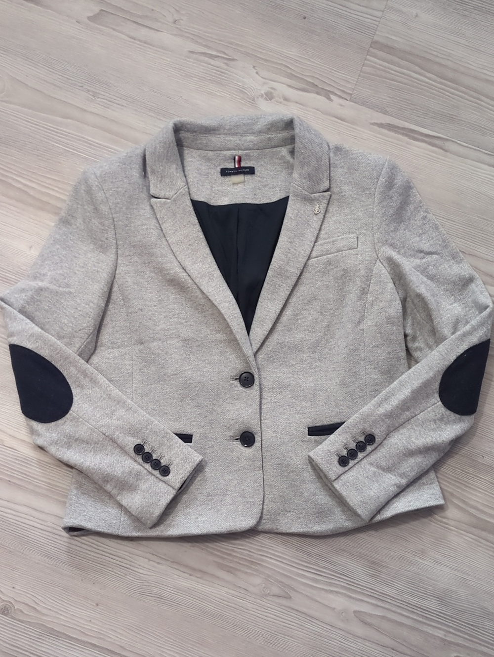 Tommy Hilfiger Women's MP Gray Knit Blazer Navy Elbow Patch Equestrian Preppy